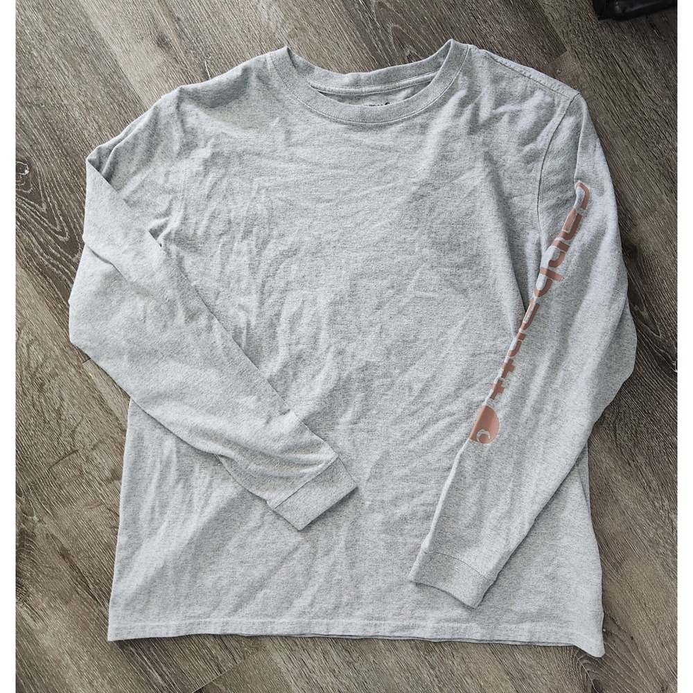 Carhartt Womens XL 16-18 Gray Long Sleeve Graphic T-Shirt Loose Fit Logo Sleeve